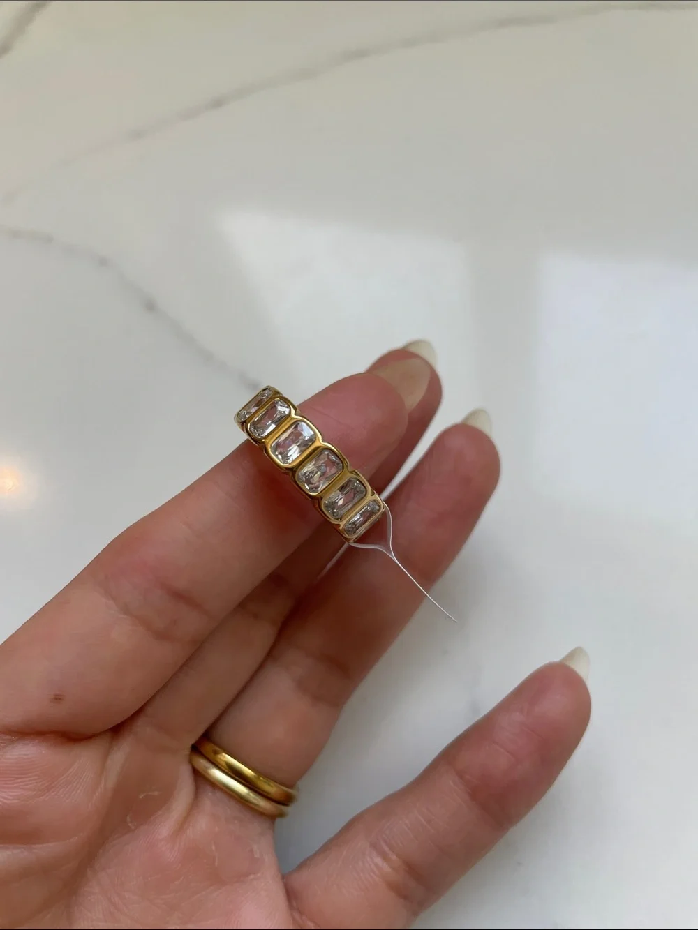 18K Gold Plated Emerald-Cut Eternity Ring, Bezel-Set Zircon, Stainless Steel